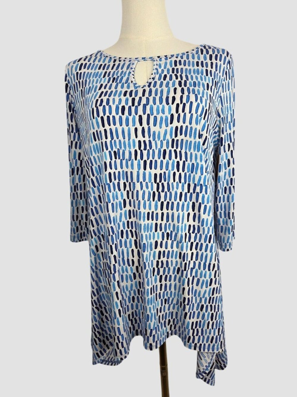 Clara Sun Woo Tunic Top Sz Small Blue Abstract Keyhole Neck 3/4 Sleeve Coastal